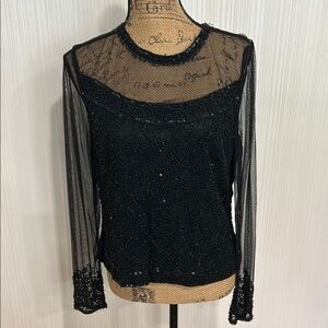 Vintage MARINA Bresler Elegant Black Sheer Beaded Blouse